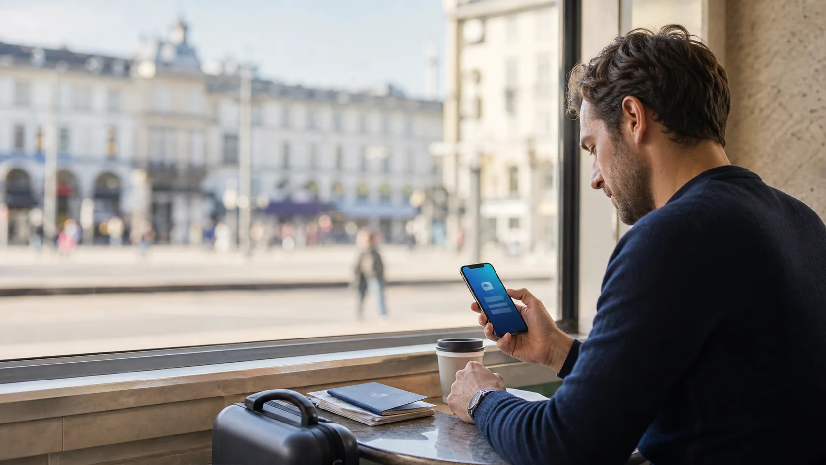 Traveler using a phone for mobile data at a European train station