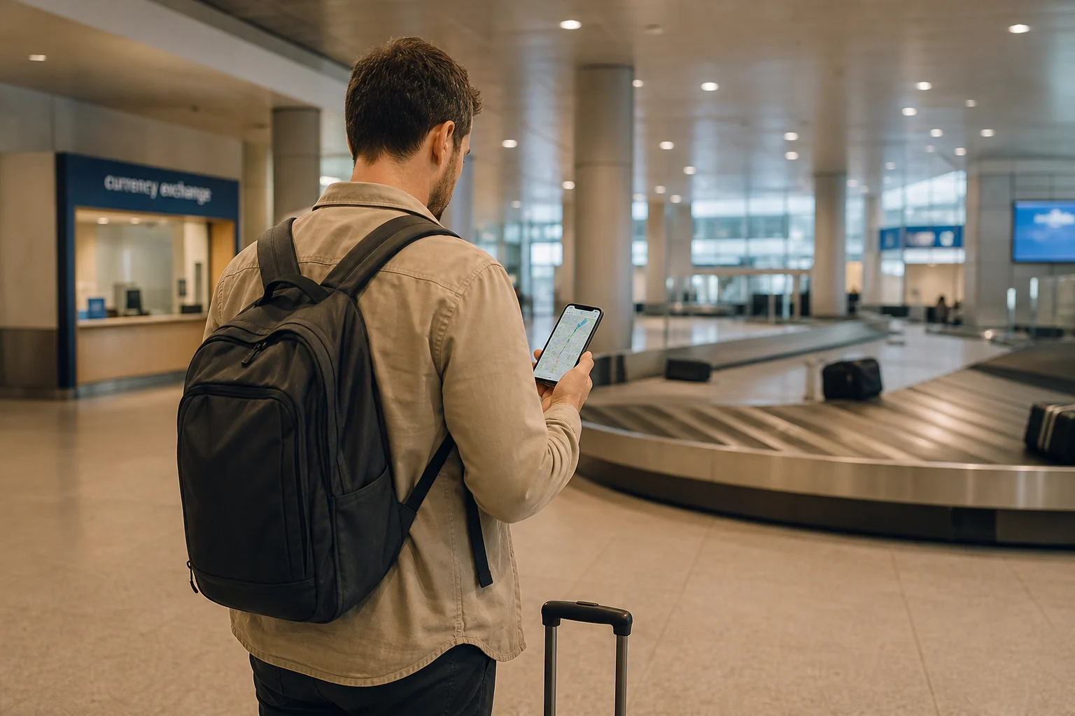 Traveler checking a phone beside a luggage carousel in an international airport arrivals hall