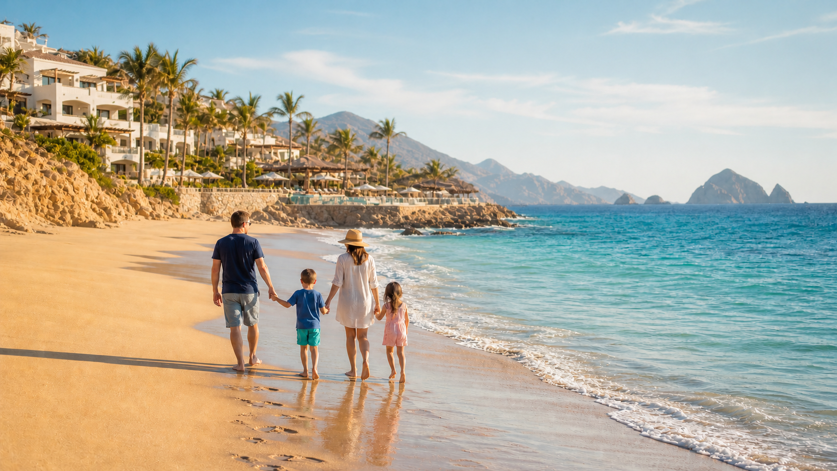 Family walking along a Cabo beach with a family-friendly all-inclusive resort in the background