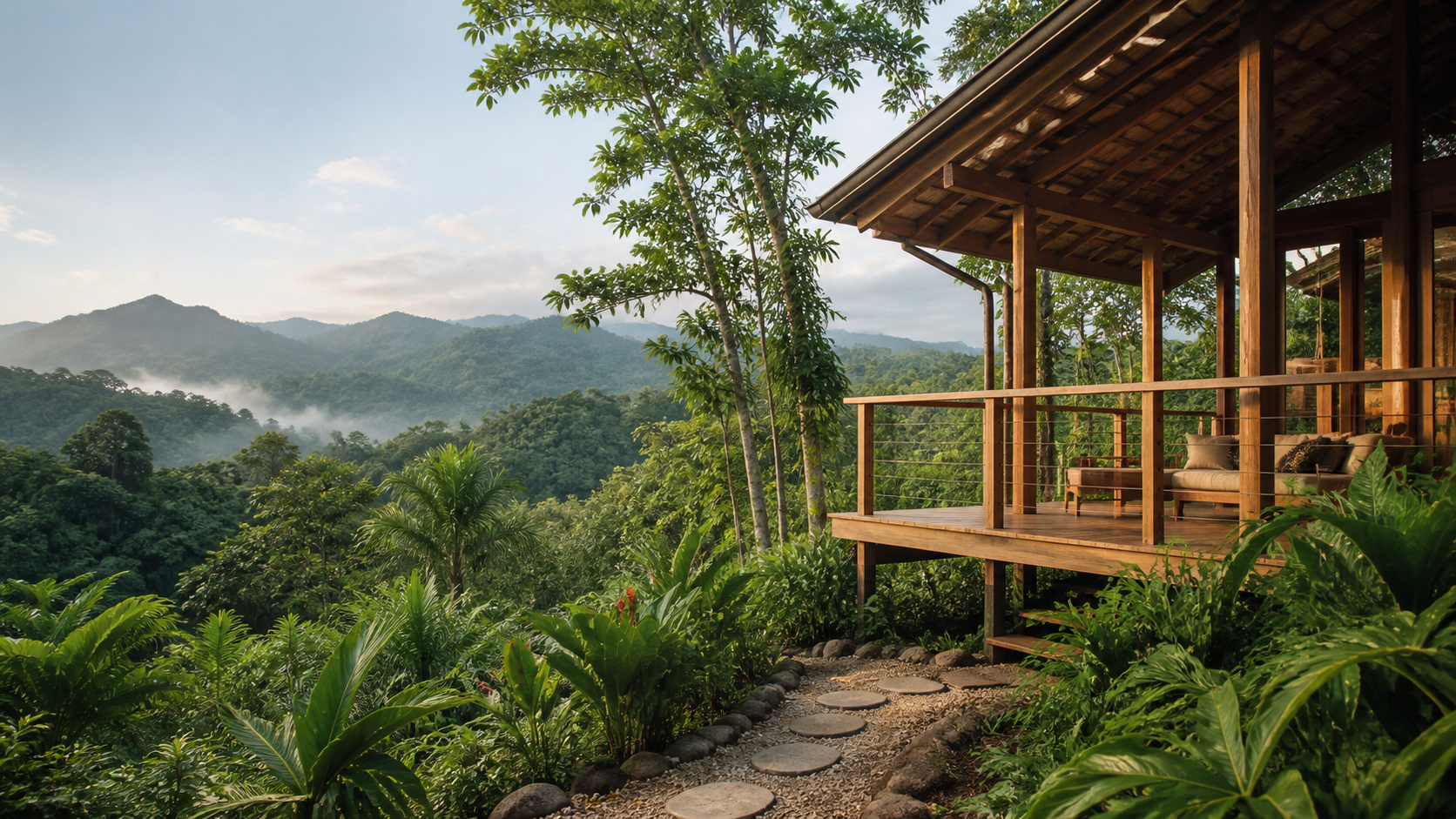 Eco lodge veranda surrounded by Costa Rican rainforest and mountains