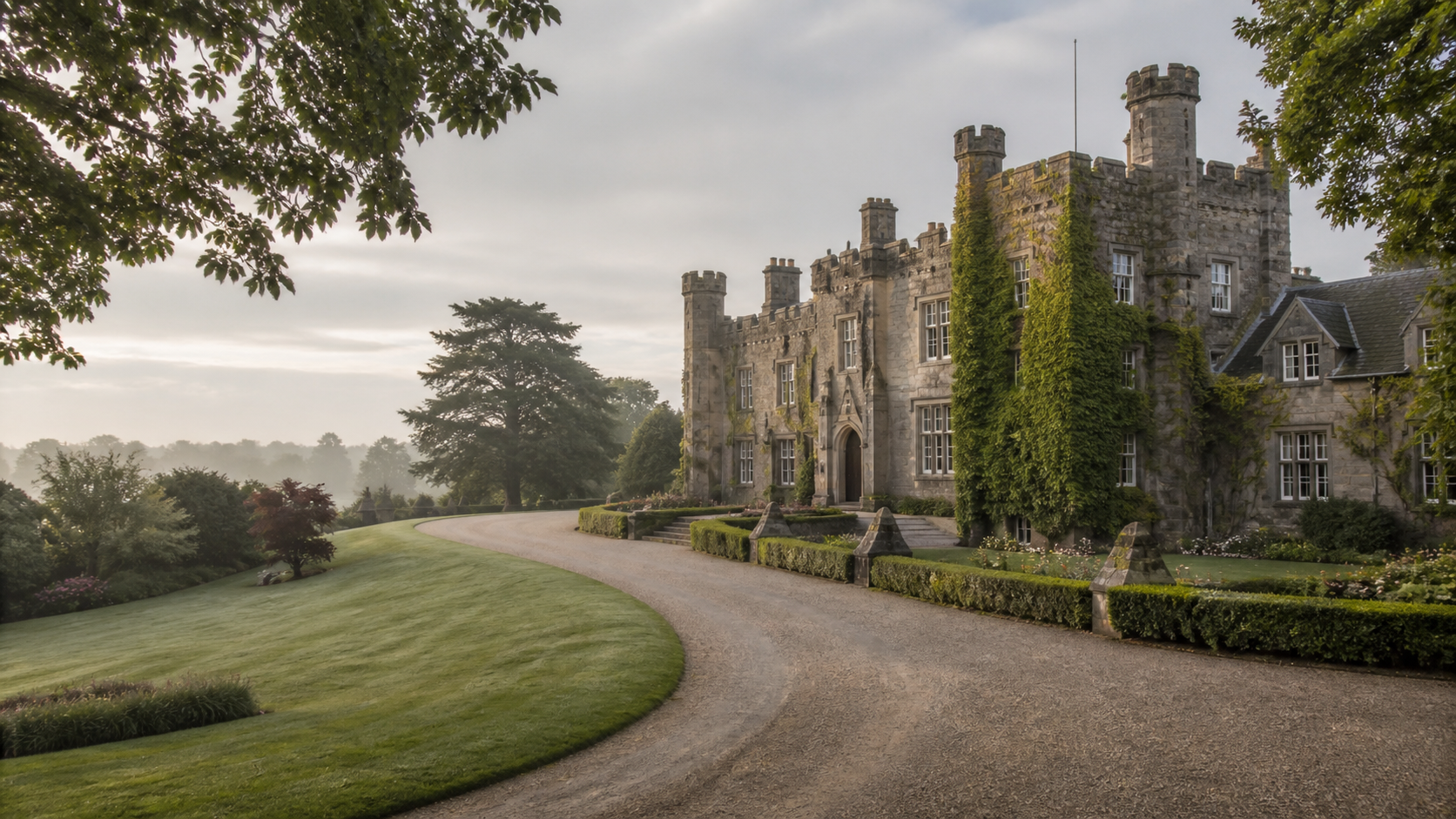 Historic stone castle hotel surrounded by gardens in the Irish countryside near Dublin