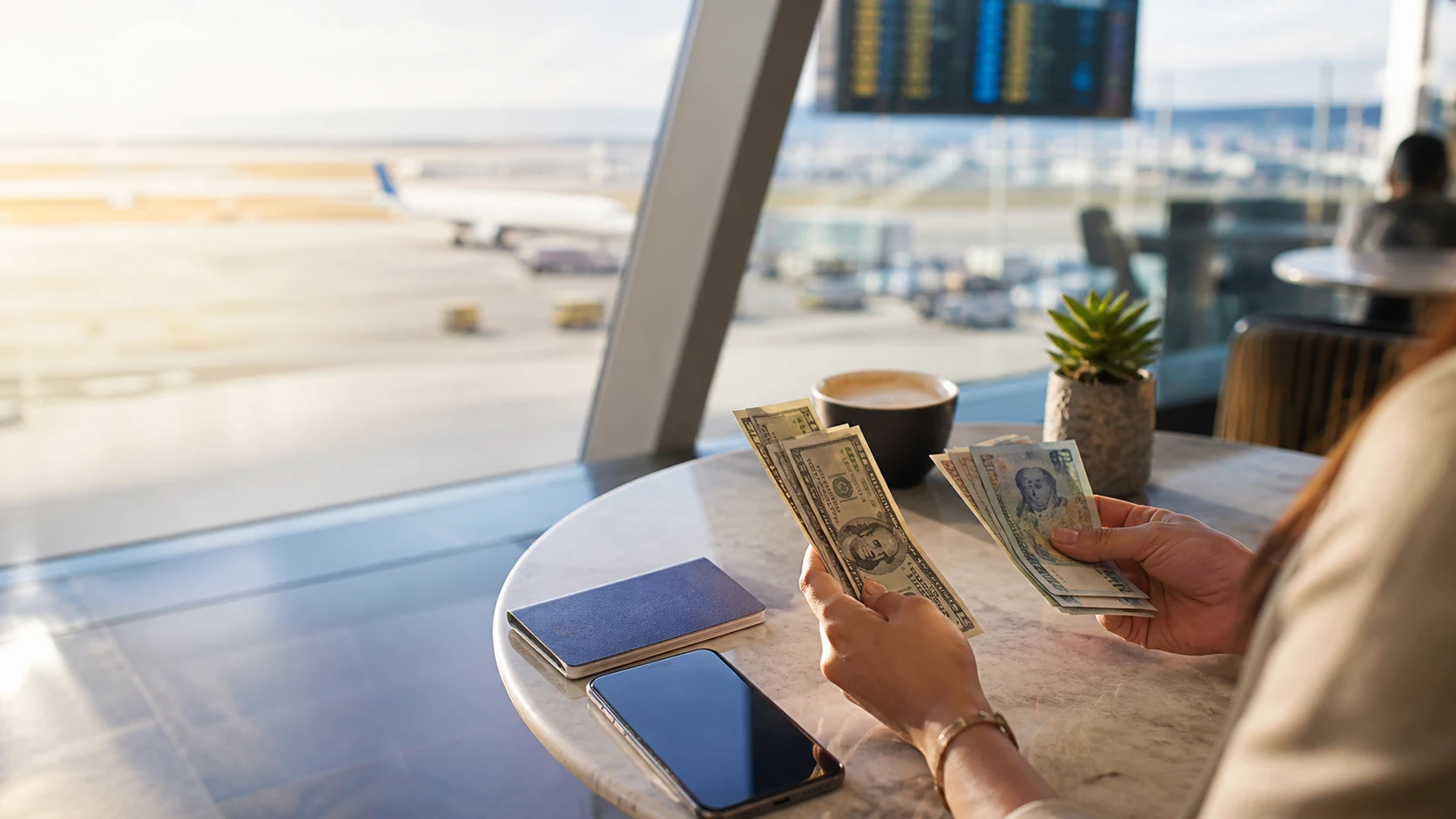 Traveler comparing clean U.S. dollar bills and foreign banknotes at an airport café.
