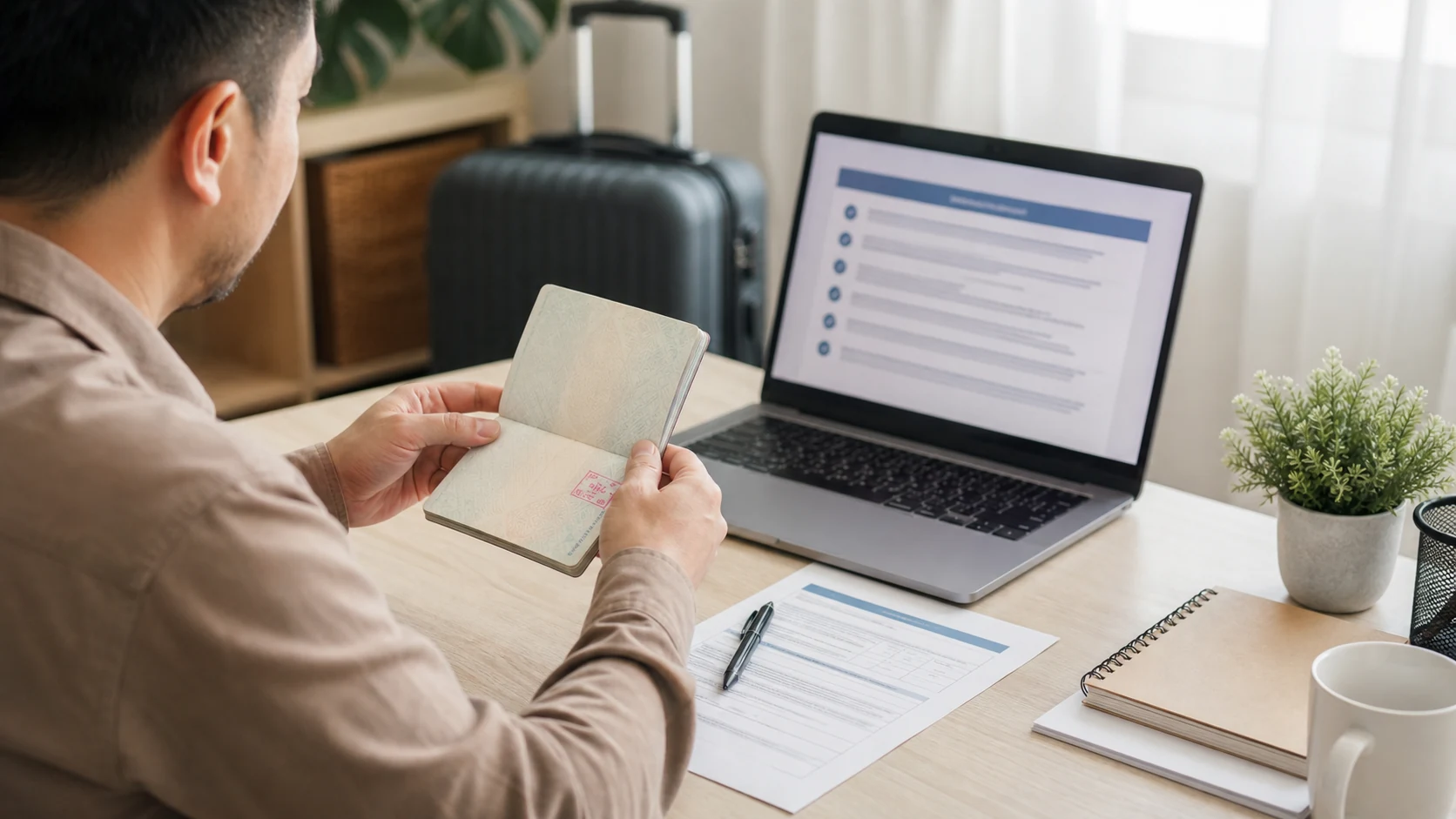 Traveller checking a passport with a visa stamp and an entry application before an international trip