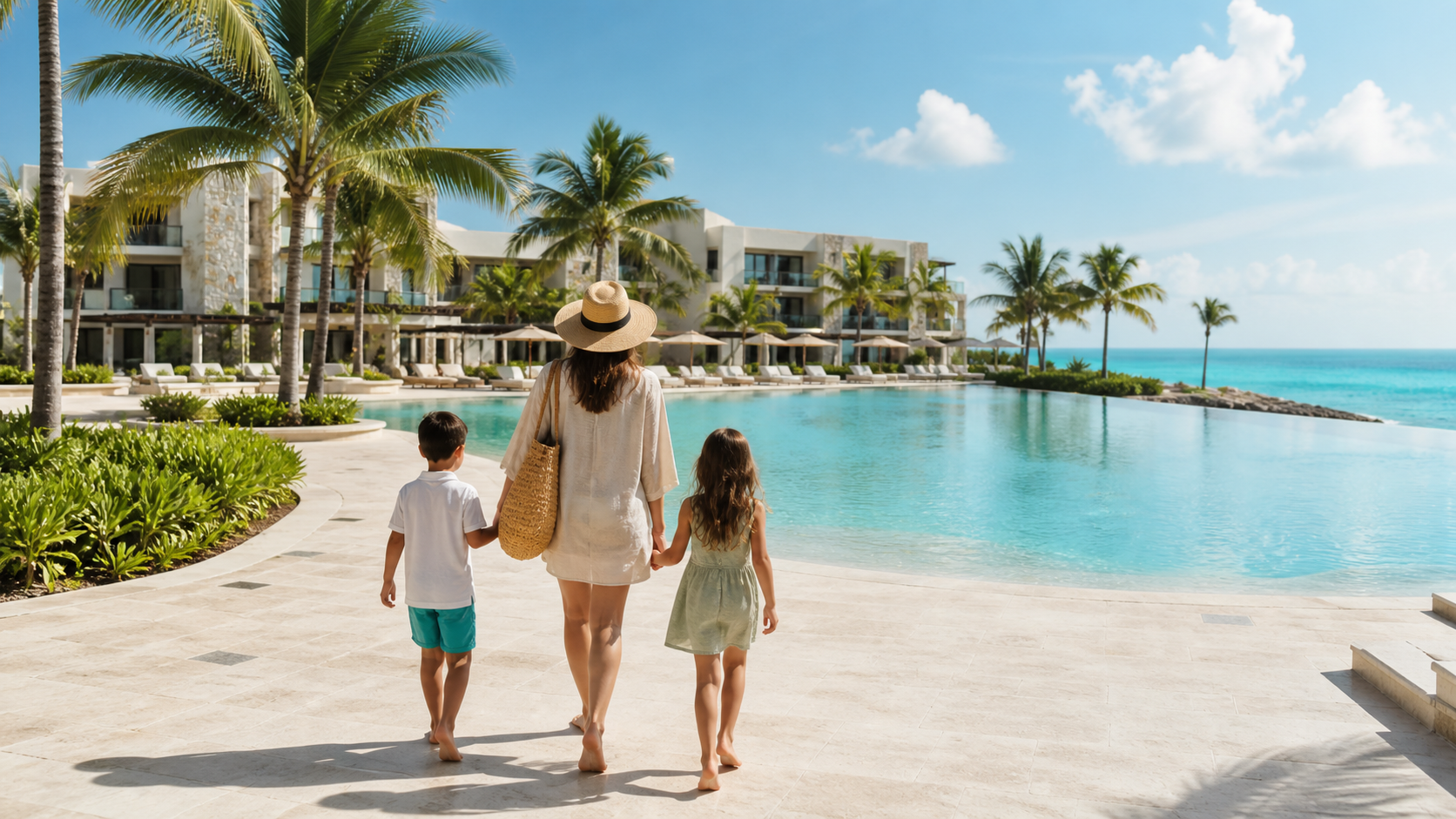 Parent and two children walking toward a family-friendly pool at a Cancun beach resort