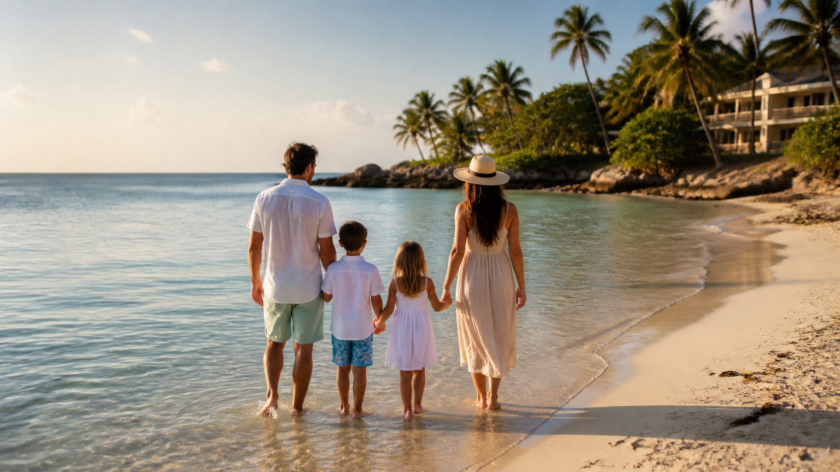 Family standing at the edge of a quiet Caribbean beach near a resort