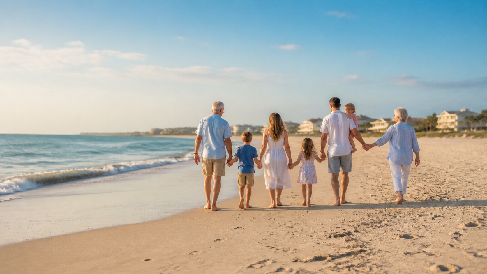 Multi-generational family walking along a calm beach near a United States resort