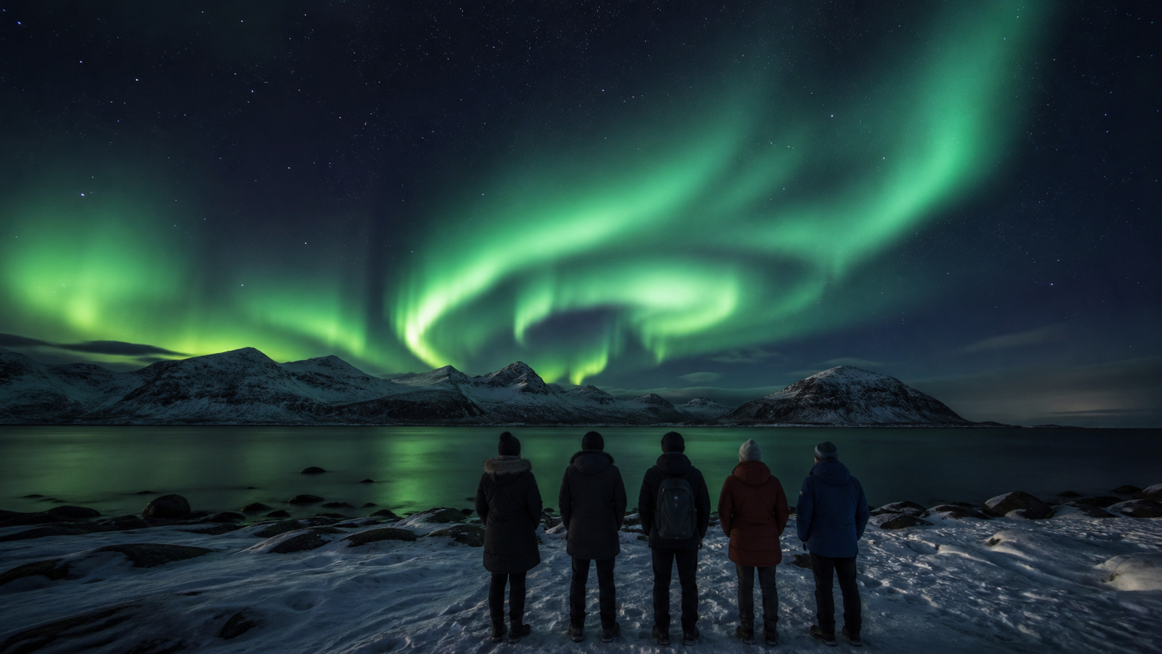 Travelers viewing the northern lights over snowy mountains and water in Norway