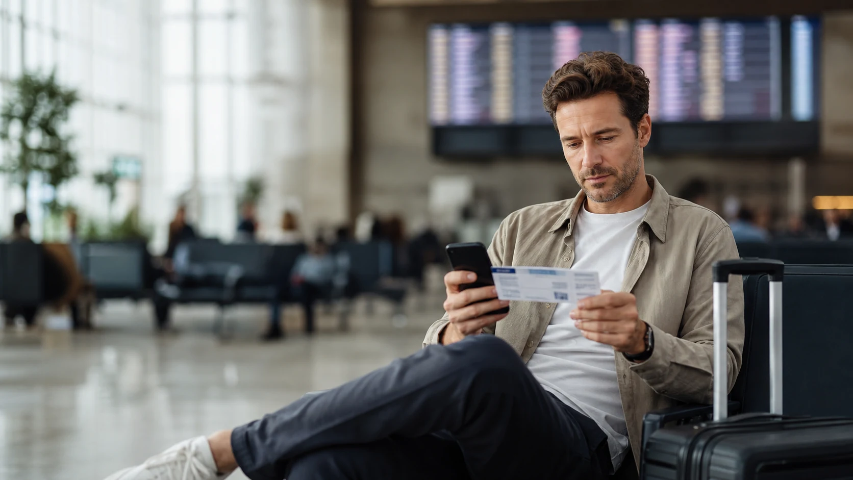 Traveler reviewing a boarding pass and phone after a cancelled flight in an airport lounge