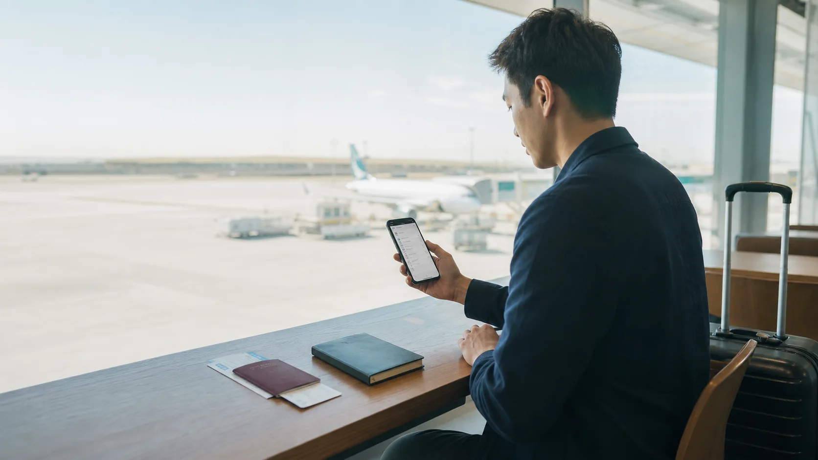 Traveler checking trip details and coverage information at an airport gate