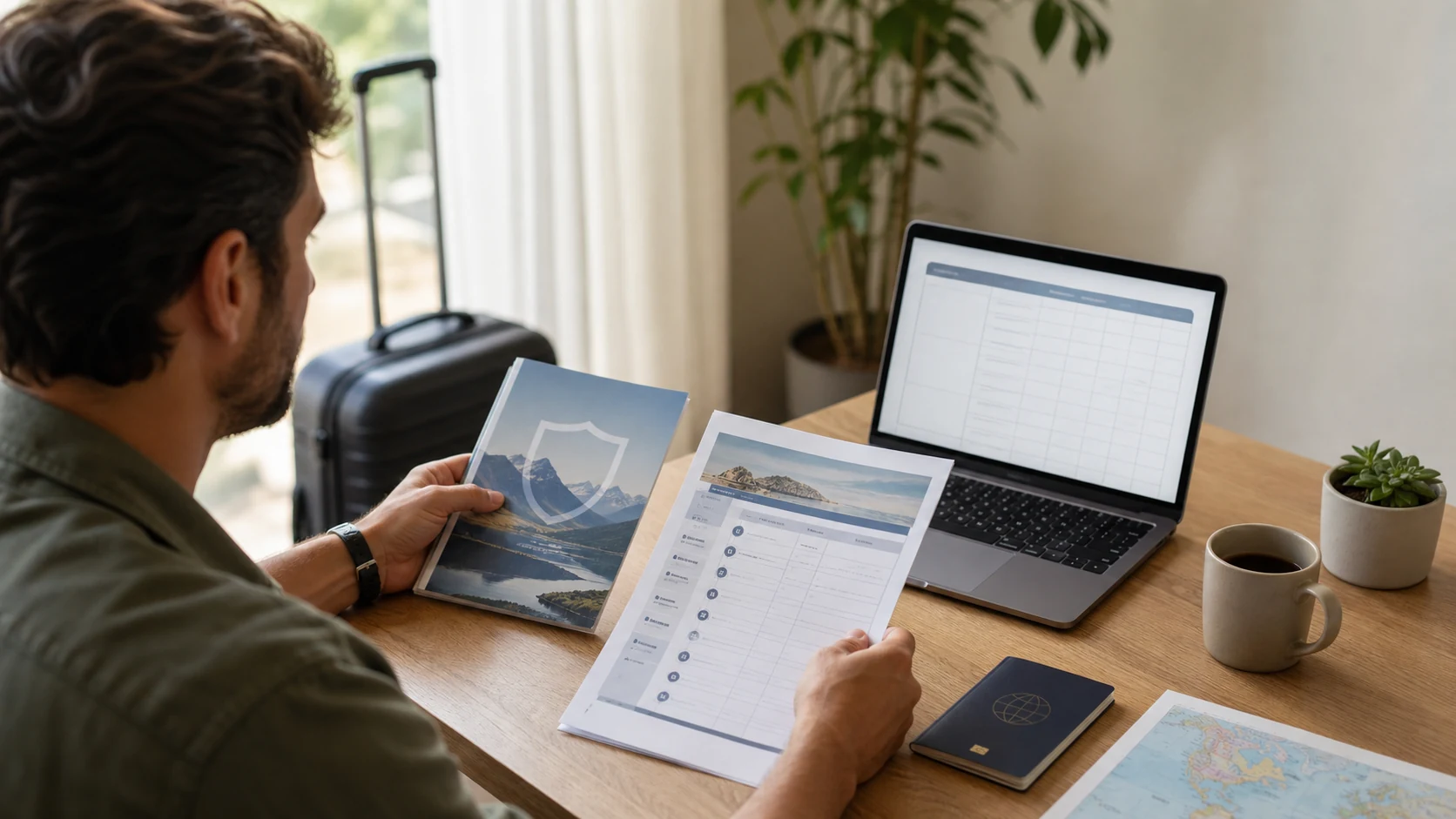 Traveler comparing travel insurance documents, itinerary, passport, and coverage details before an international trip
